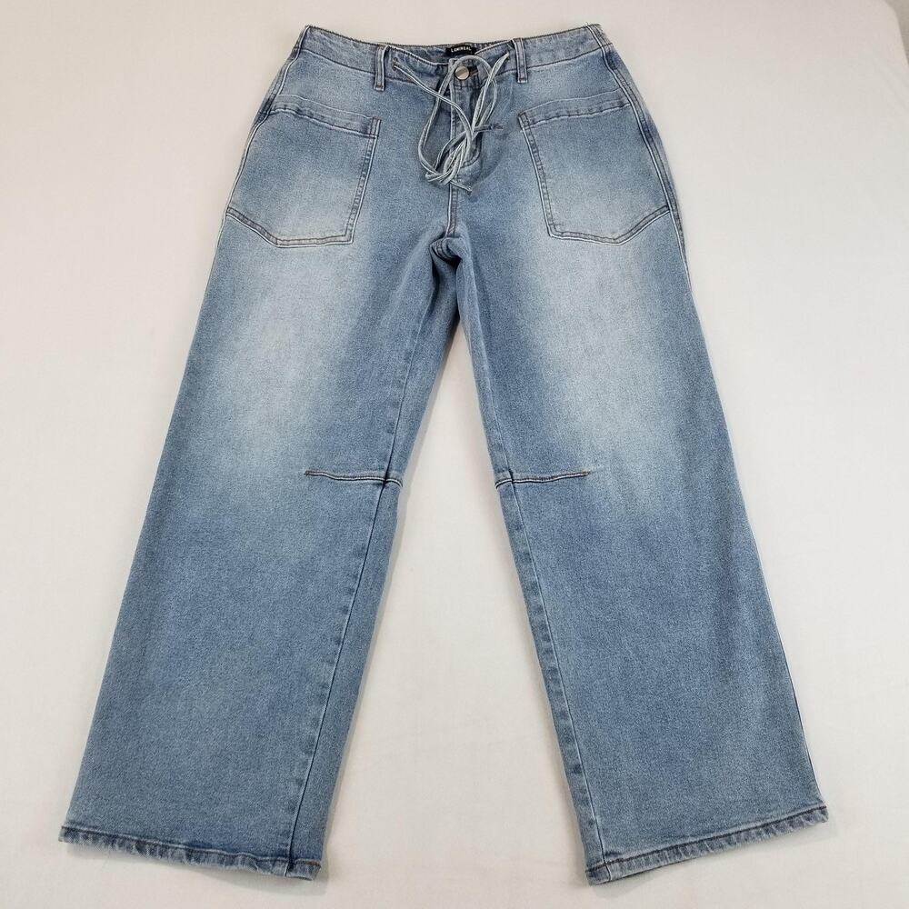 FLAMINGALS Jeans Womens Large Blue High Rise Wide Leg Lace Up Patch Pockets - Picture 11 of 11